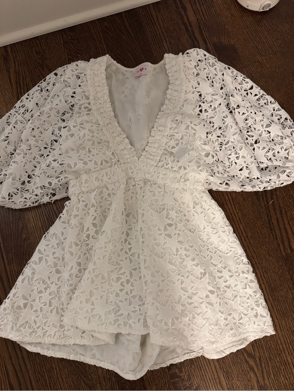 Buddy Love White Lace V-Neck Romper with Puff Sleeves